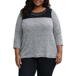 Lane Bryant Plus Size 14/16 Top Stripe Black & White Long Sleeve Sheer Yoke